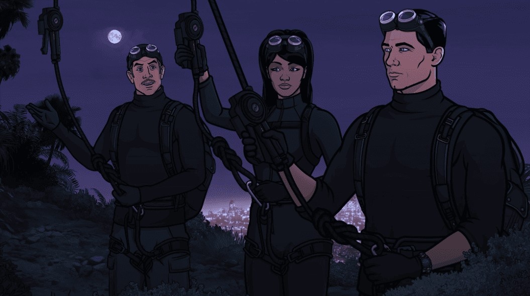 Ray, Lana, and Archer carry out a mission at night in this image from FX Productions