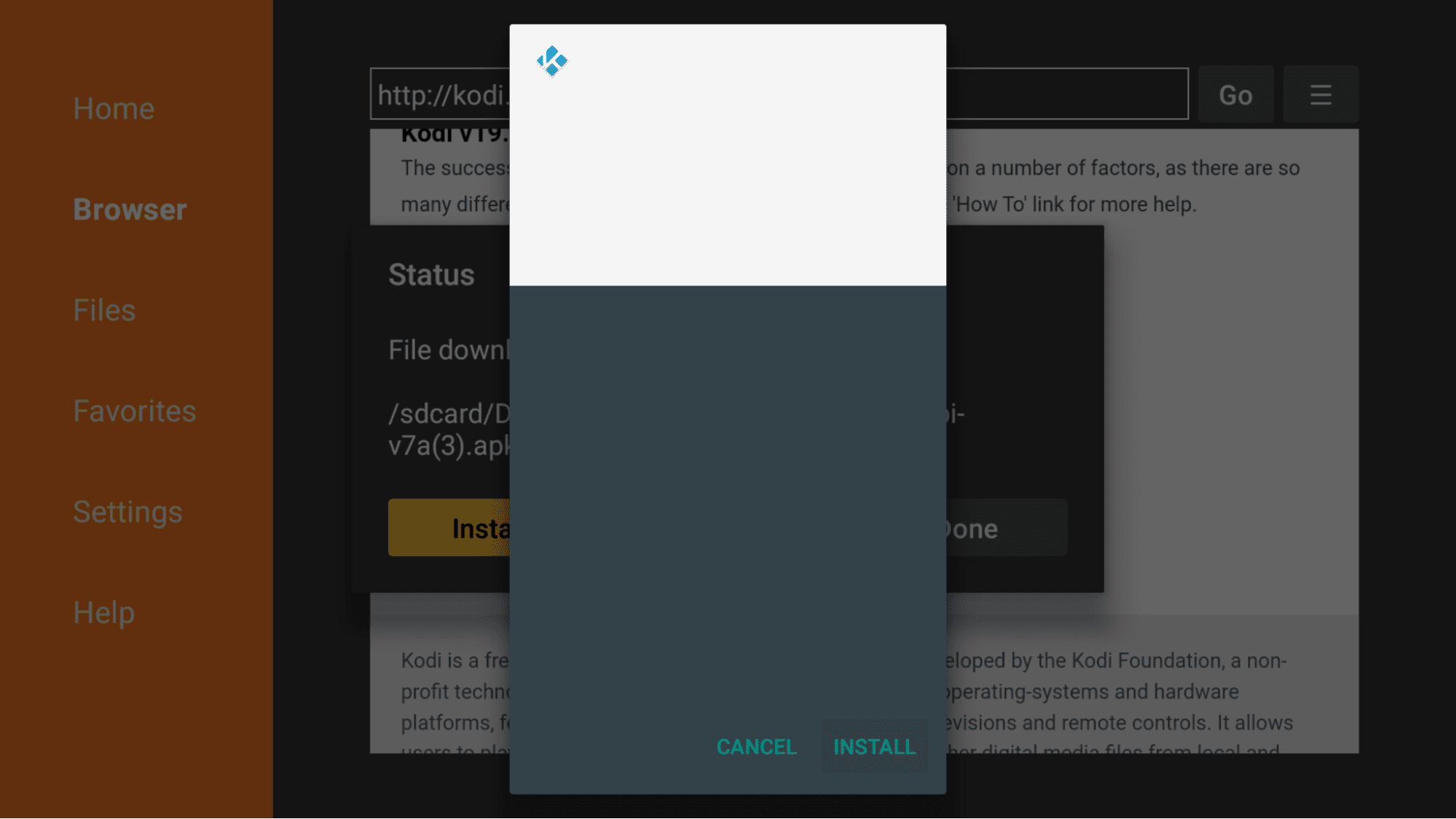 Selecting INSTALL to install Kodi on Fire TV