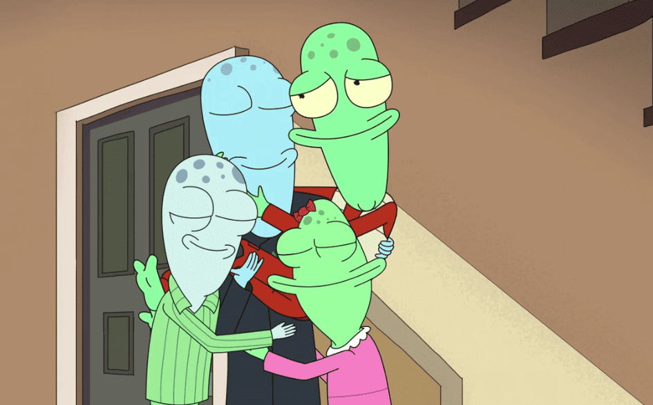 A family of aliens embraces each other in this image from 20th Television Animation