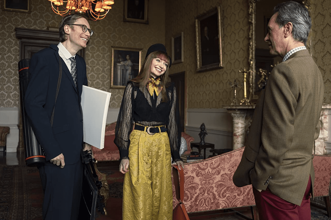 Greg Dillard (Stephen Merchant), Gabriella Penrose-Howe (Eleanor Tomlinson), and the Earl of Gloucestershire (Richard E. Grant)